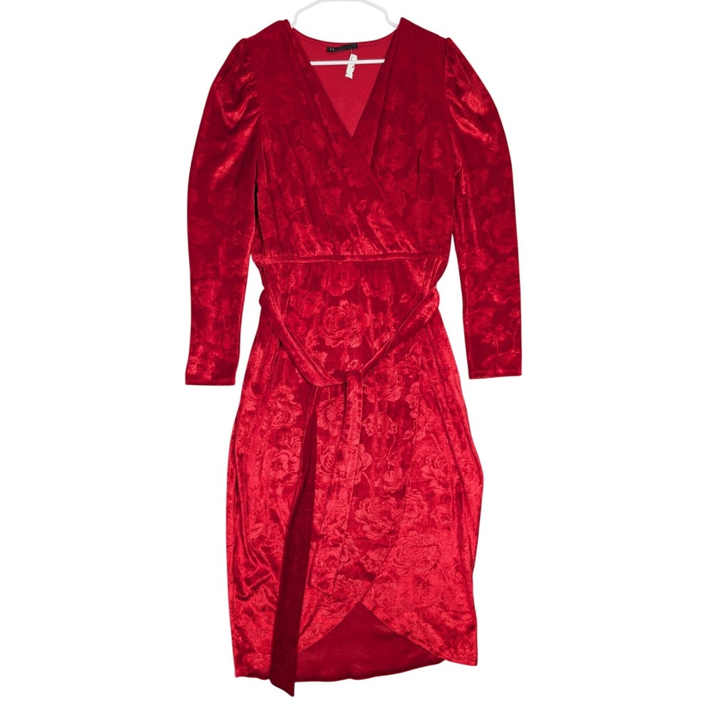 Lane Bryant Velvet Tulip Dress Womens 14/16 Red Faux Wrap Floral Romantic Gothic